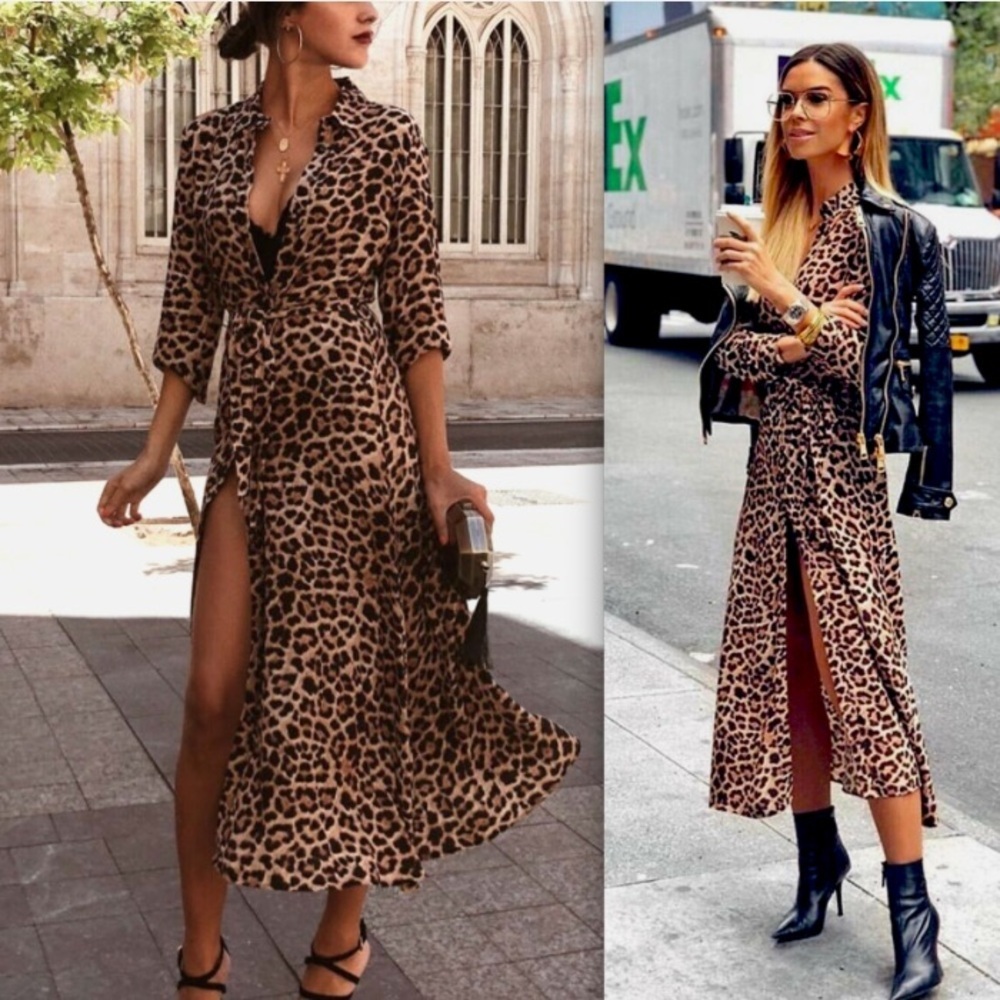 H&M LEOPARD PRINT SHIRT MIDI DRESS